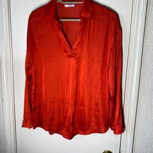 Lush Scarlet Red Satin V-Neck Long Sleeve Pleated Blouse Size Small